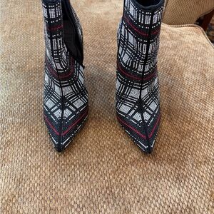 INC International Concepts Plaid Rhinestone Ankle Boots - Black, White, Red